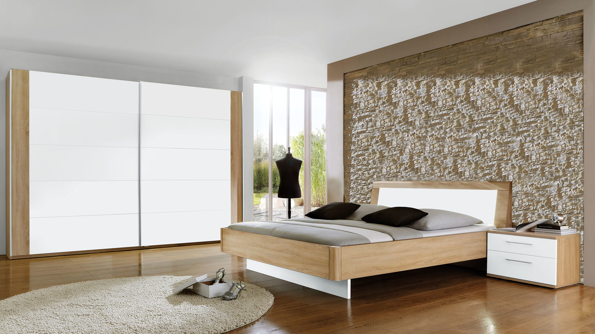 PARTNERRING COLLECTION Schlafzimmer Lavin, weiße & Macao eichefarbene  Oberflächen - vierteilig, Liegefläche ca. 9 x 9 cm