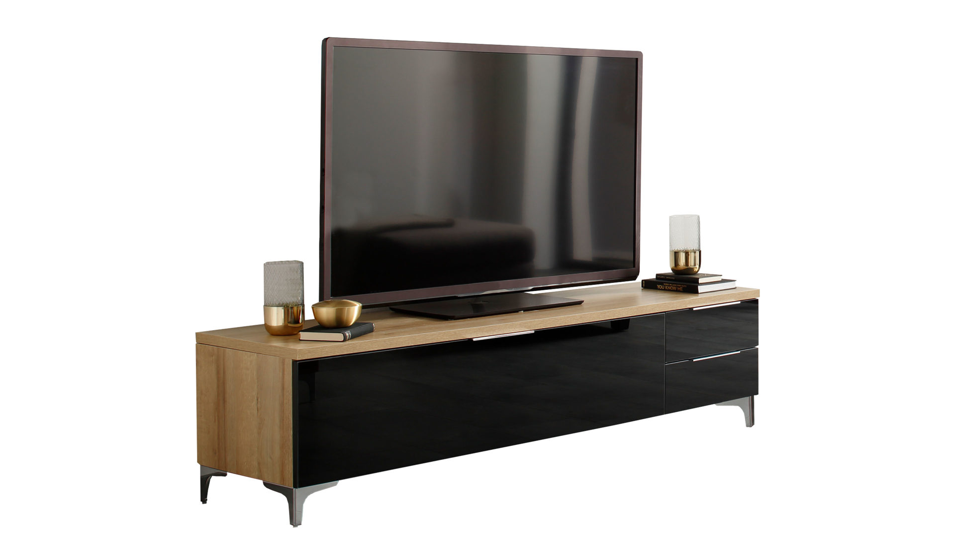 Medien Lowboard Schwarzes Glas Riviera Eichefarbener Korpus