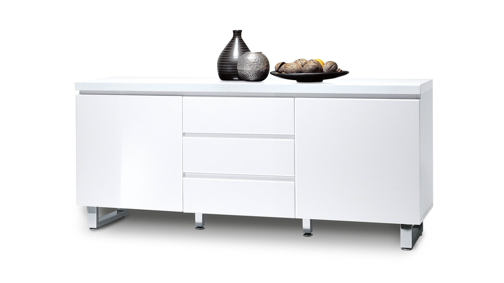 Sideboard Mca furniture aus Holz in Weiß Sideboard, eine Kommode mit eleganter Note weiße Lackfronten & verchromte Metallfüße - zwei Türen, drei Schubladen
