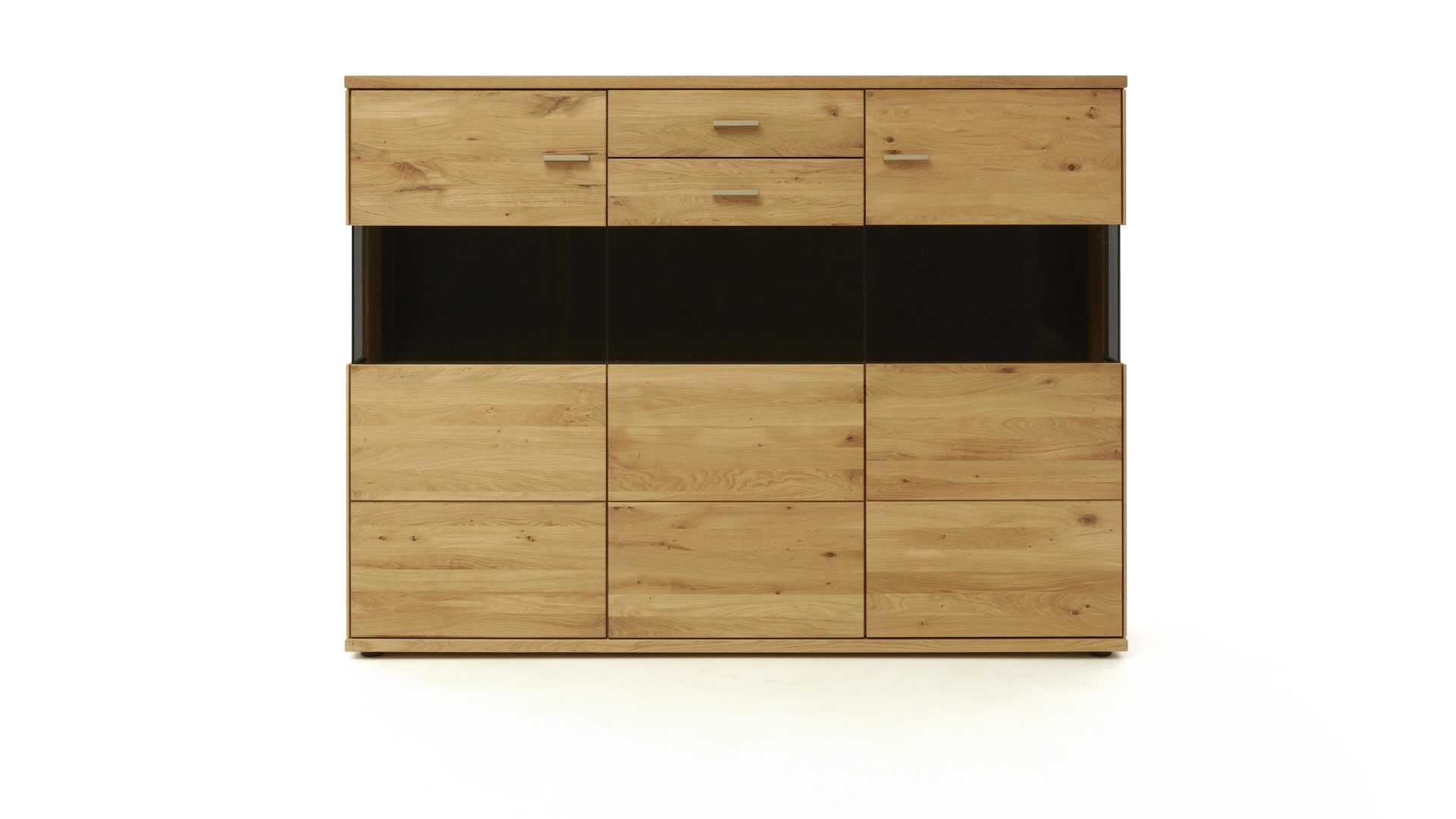 Highboard Decker aus Holz in Holzfarben Highboard biancofarbene Wildeiche & Parsolglas – drei Türen, eine Schublade