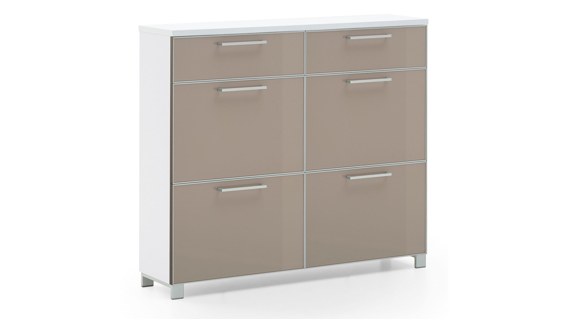 Schuhschrank Voss möebel aus Glas in Braun VOSS MÖBEL Schuhschrank Santina als Dielenmöbel weißer Lack & taupefarbenes Glas – zwei Schubladen, vier Klappen