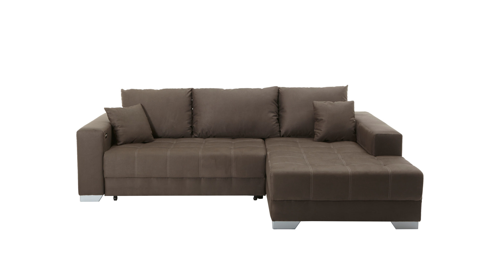Ecksofa Iwaniccy aus Stoff in Braun KAWOO Ecksofa Merlin mit Nosagunterfederung brauner Bezug Hero 15 & silberfarbene Holzfüße – Schenkelmaß ca. 262 x 200 cm