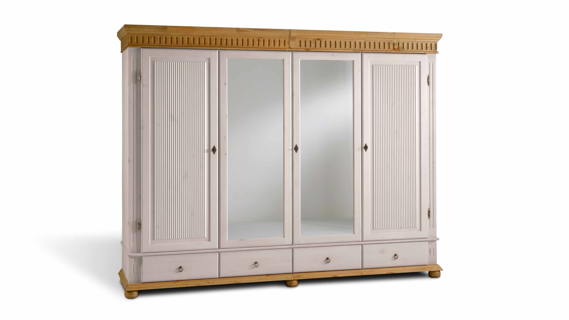 Kleiderschrank Euro diffusion aus Holz in Weiß Kleiderschrank, ein Schlafzimmermöbel aus massiver Kiefer weiß lackiertes & antikfarbenes Kiefernholz - zwei Holztüren & zwei Spiegeltüren, vier Schubladen