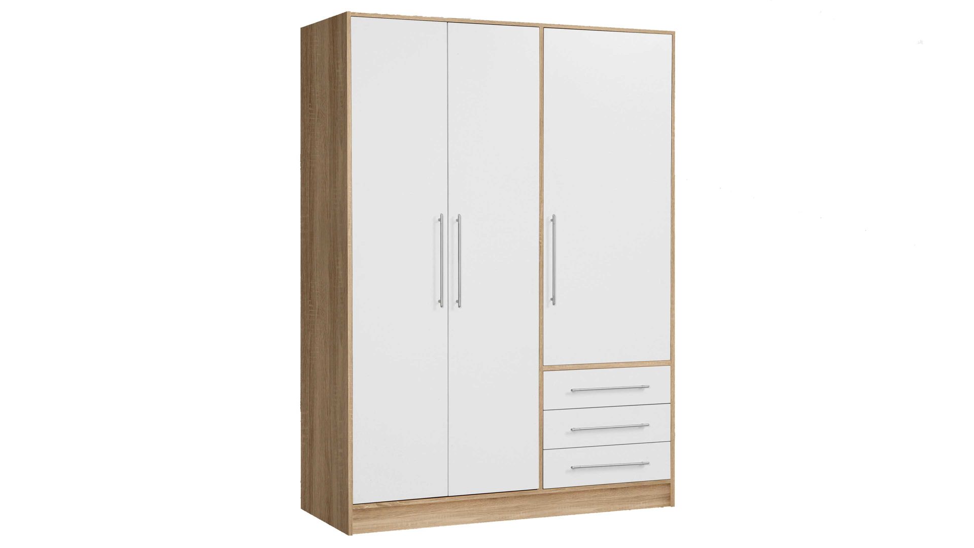 Kleiderschrank Forte® aus Holz in Holzfarben Kleiderschrank Jupiter Sonoma Eiche & Weiß – Breite ca. 145 cm, drei Türen, drei Schubladen