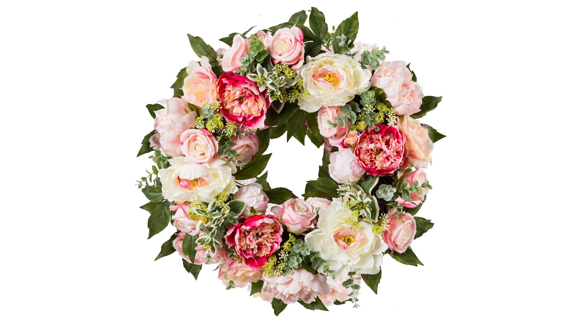 Kranz Gasper gmbh aus Stoff in Pastellfarben Rosen- & Pfingstrosenkranz rosefarbene und weiße Textilblüten – Durchmesser ca. 62 cm