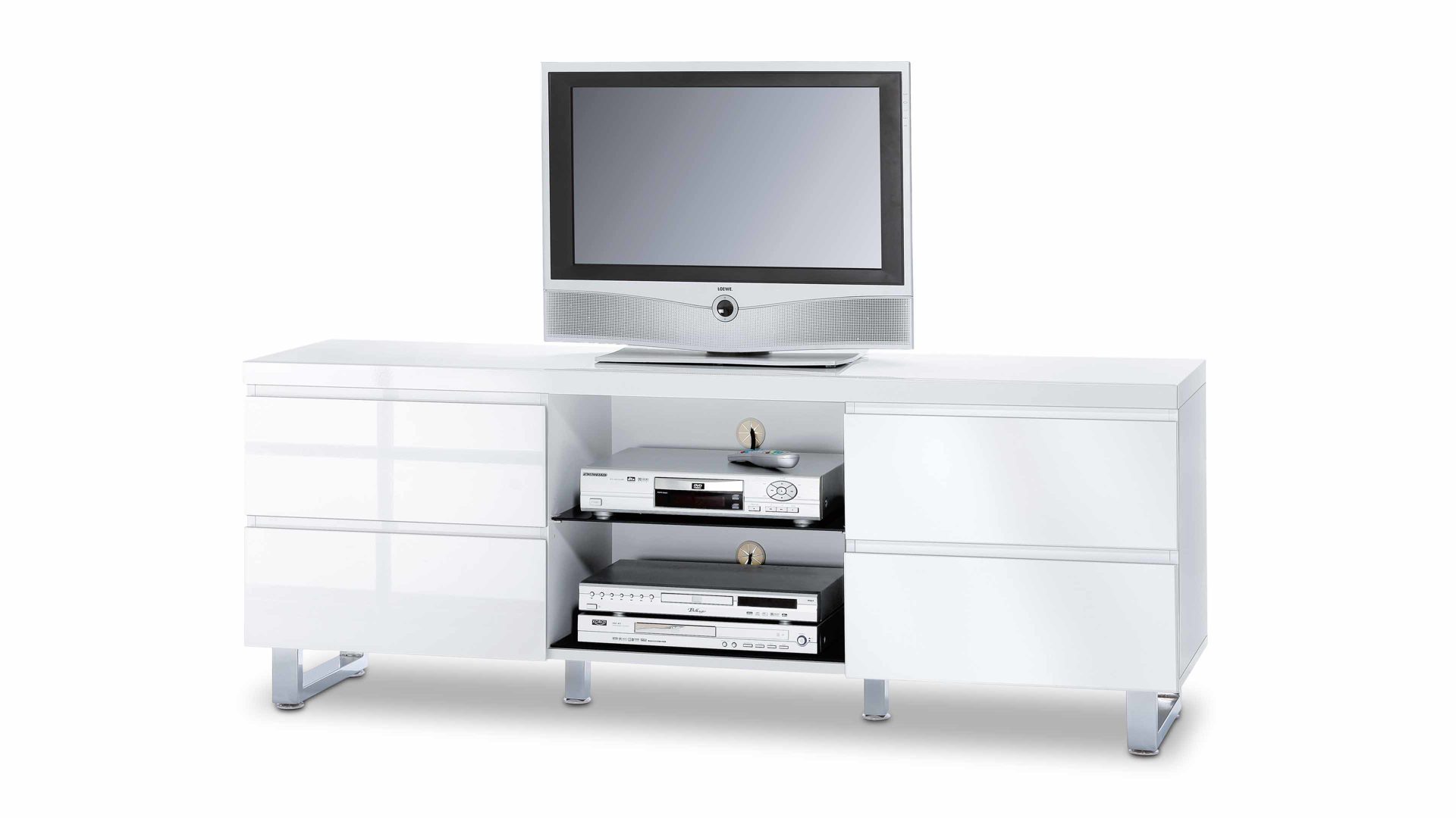 Medienmöbel Mca furniture aus Holz in Weiß Medien-Lowboard - Fernsehschrank weiße Lackfronten & Chrom - vier Schubladen, zwei offene Fächer