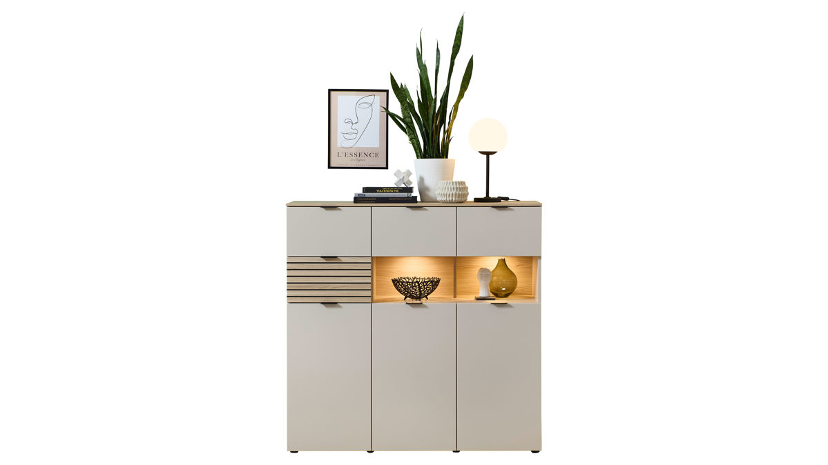 Highboard Innostyle aus Holz in Hellbraun Wohnzimmer Serie Ina - Highboard mit Beleuchtung Kaschmir & Riva Eiche - ca. 125 x 125 cm