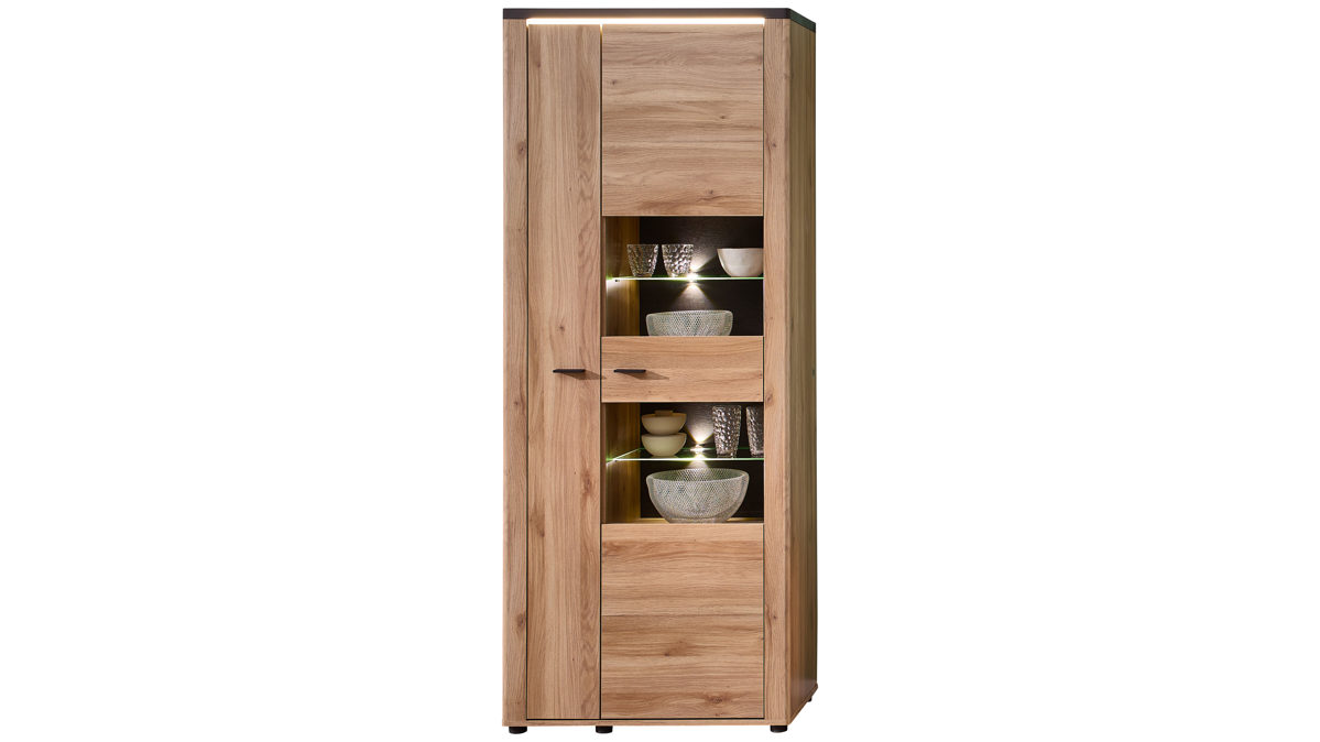 Vitrine Innostyle aus Holz in Holzfarben Wohnzimmer Serie Tina - Vitrine mit Beleuchtung Mauvella Eiche & Carbon - ca. 80 x 204 cm