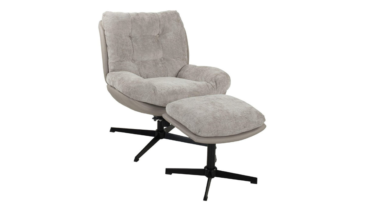 Relaxsessel Duo collection aus Stoff in Beige Relaxsessel mit Hocker sandfarbener Chenillebezug & mattschwarzer Sternfuß