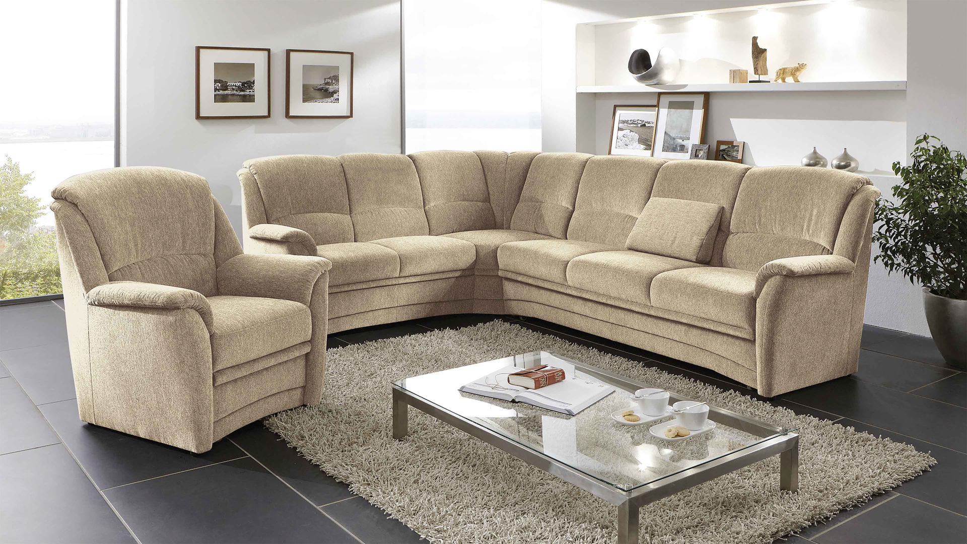 Ecksofa orthoSedis aus Stoff in Beige orthoSedis Eckcouch Variance für Ihre Wohnlandschaft champagnerfarbener Clever Clean-Bezug WS - Schenkelmaß ca. 211 x 283 cm