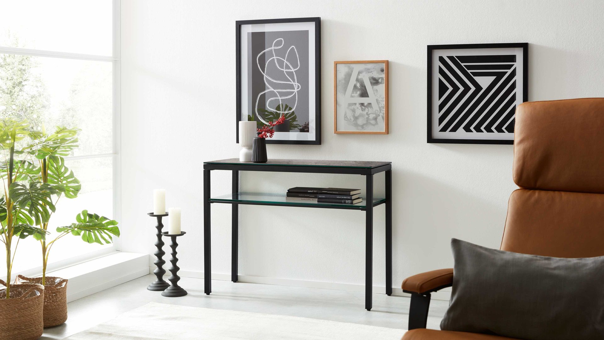 Konsoltisch Interliving aus Keramik in Grau Interliving Couchtisch Serie 6210 - Konsoltisch ST194AR zementgrau Keramik & schwarzer Stahl - ca. 100 x 38 cm