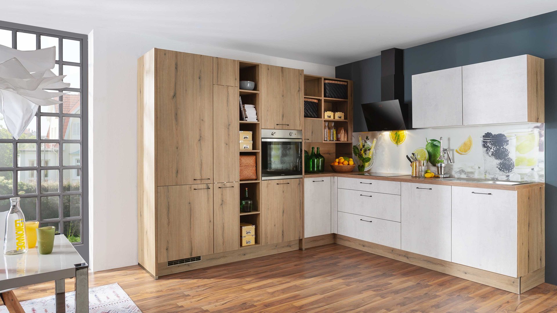 Einbauküche Express küchen aus Holz in Holzfarben EXPRESS KÜCHEN Einbauküche Plan mit privileg-Geräten Eiche astig & Beton steinweiß - Stellfläche ca. 293 x 285 cm