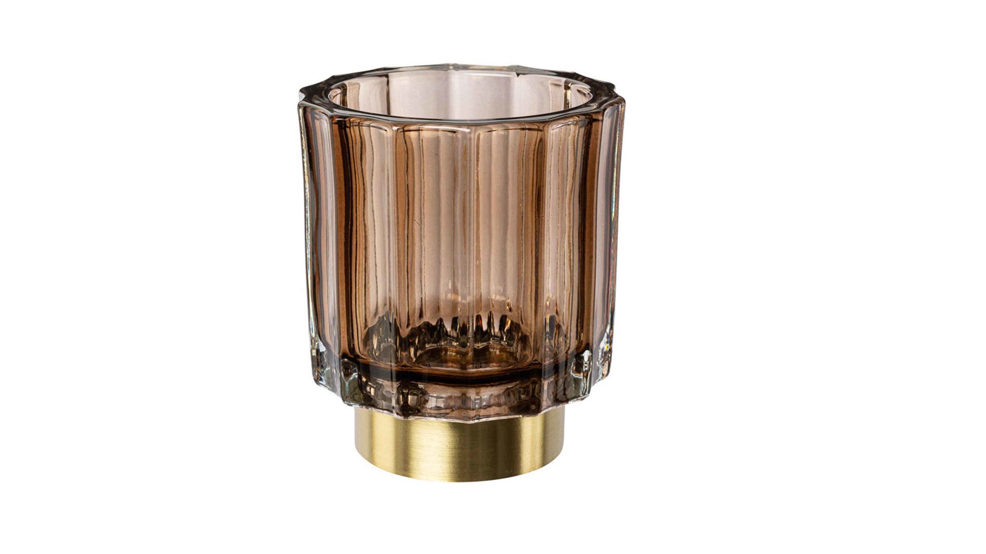 Windlicht Gasper aus Glas in Braun Teelichtglas Trixi breit geriffelt - Braun & Gold, Höhe ca. 9 cm