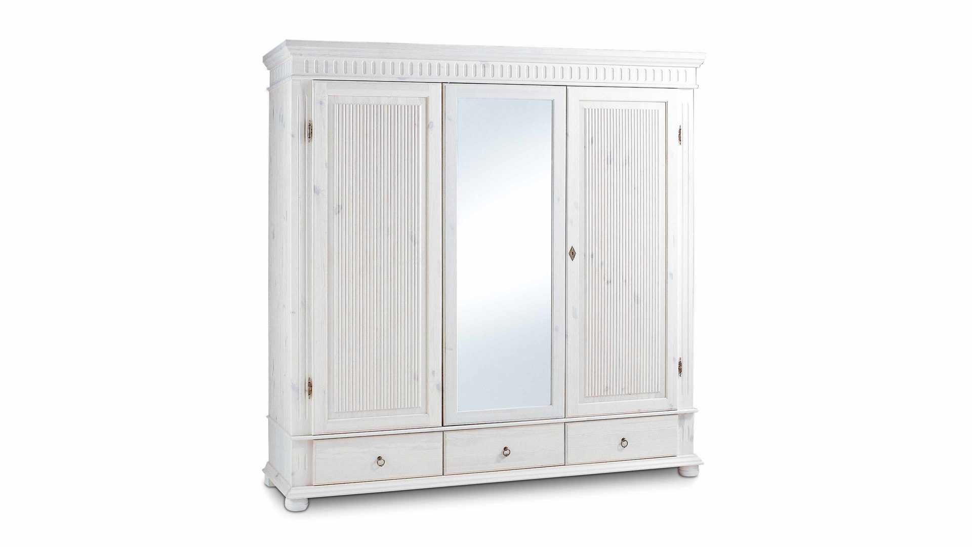 Kleiderschrank Euro diffusion aus Holz in Weiß Landhaus-Kleiderschrank, ein Einzelschrank im Landhausstil  Weiß - zwei Holztüren, eine Spiegeltür, drei Schubladen