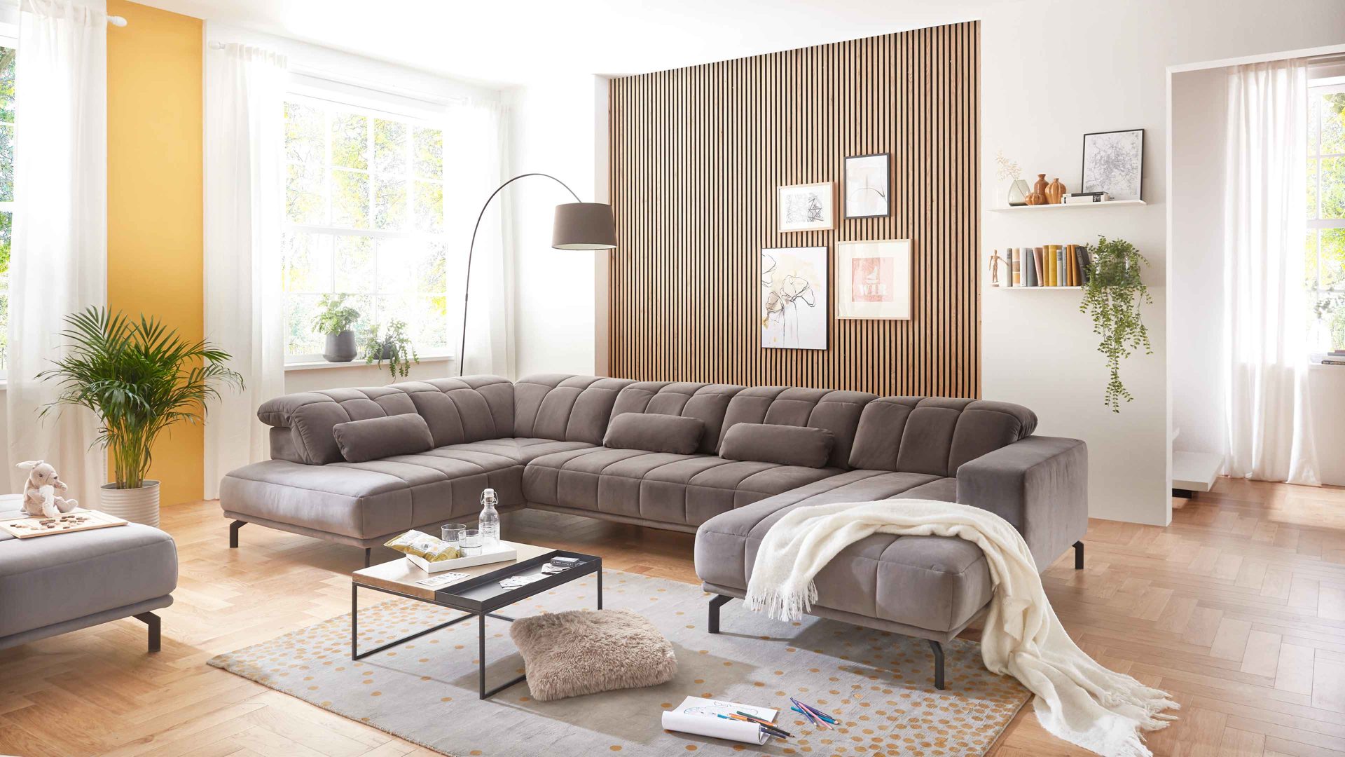 Ecksofa modulmaster aus Stoff in Grau Modulmaster MM-MP1152 - Wohnlandschaft graue Wirkware Salsa & schwarze Metallfüße - Stellfläche ca. 212 x 383 cm