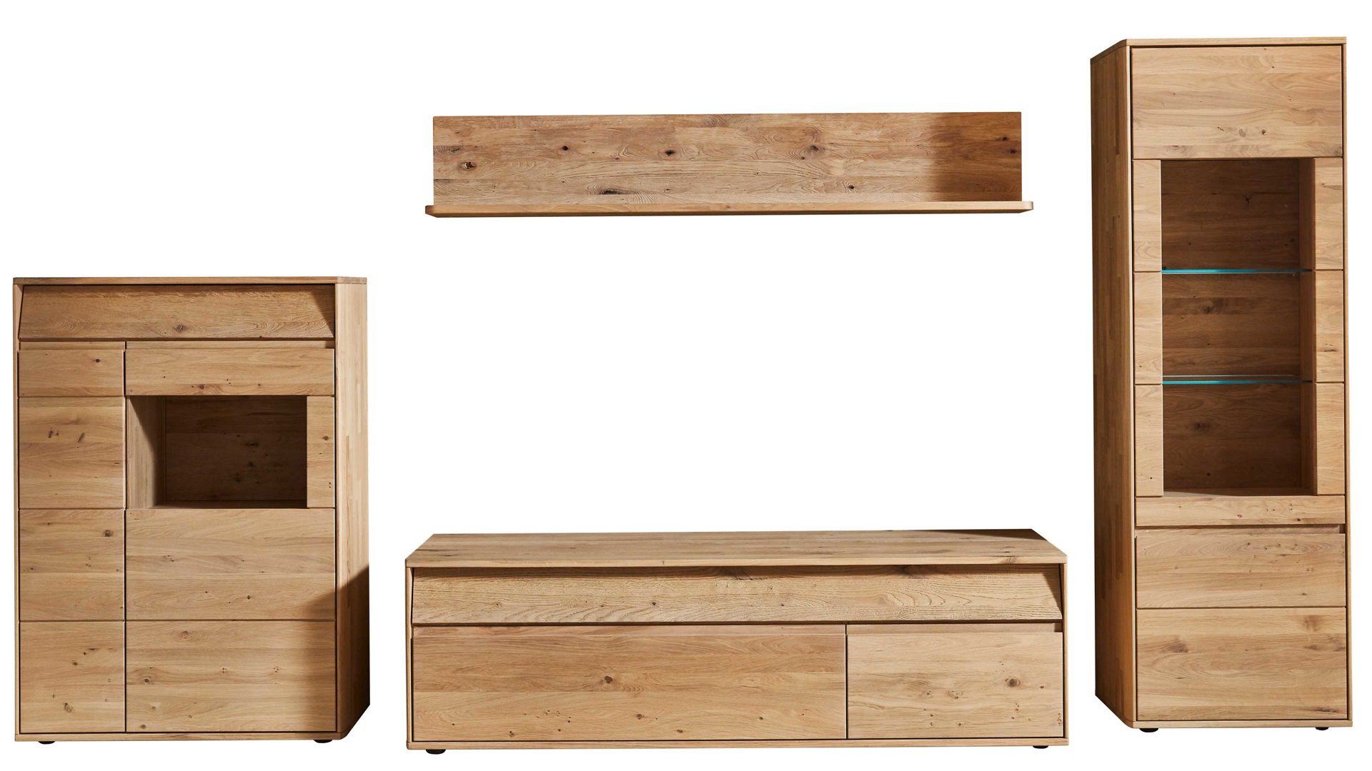 Wohnwand Decker aus Holz in Holzfarben Wohnkombination biancofarbene Wildeiche – vierteilig, Breite ca. 344 cm