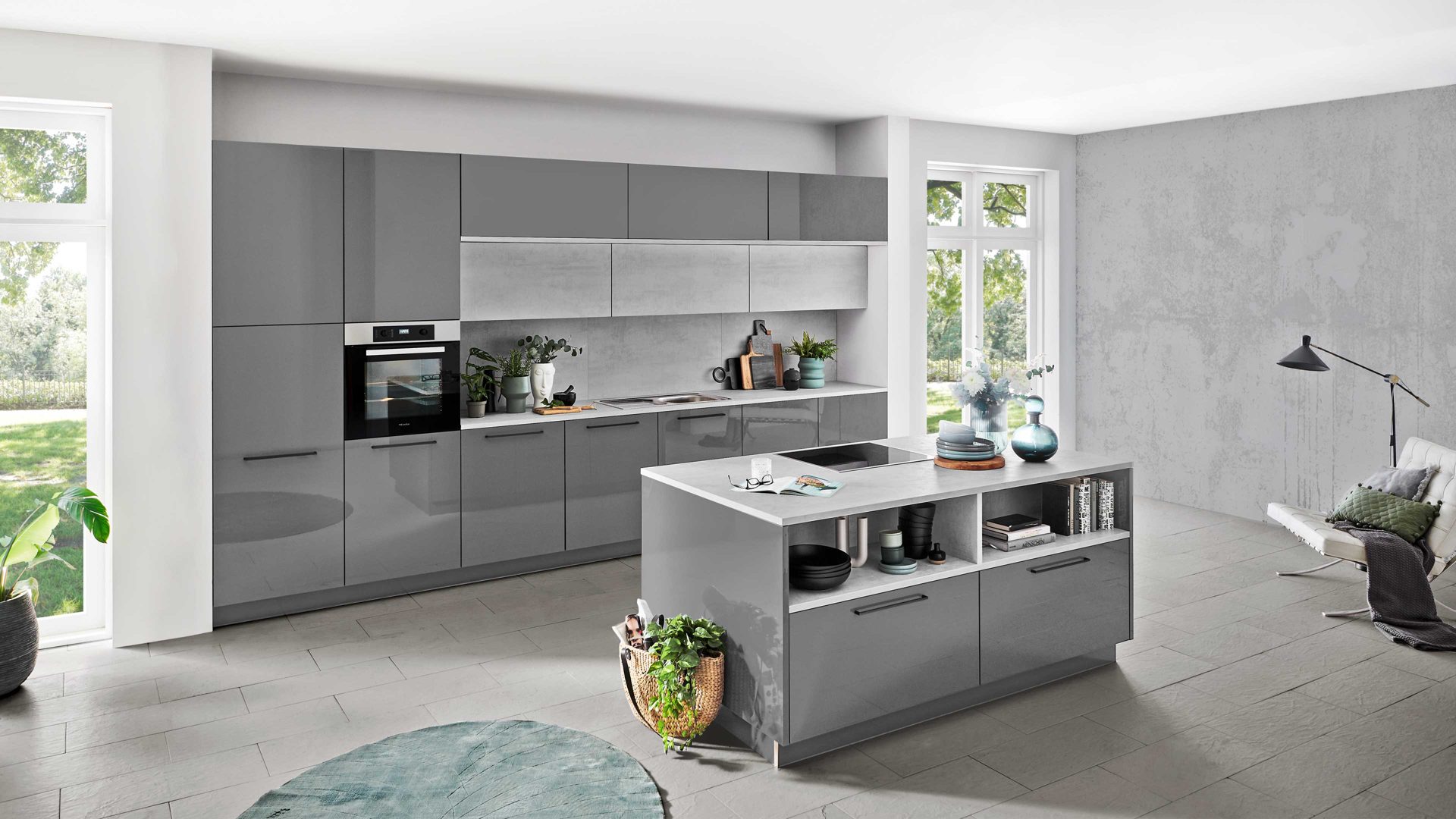 Einbauküche Nolte® küchen aus Holz in Grau nolte® Einbauküche Lux mit Miele Einbaugeräten Quarzgrau & weißer Beton – zweizeilig
