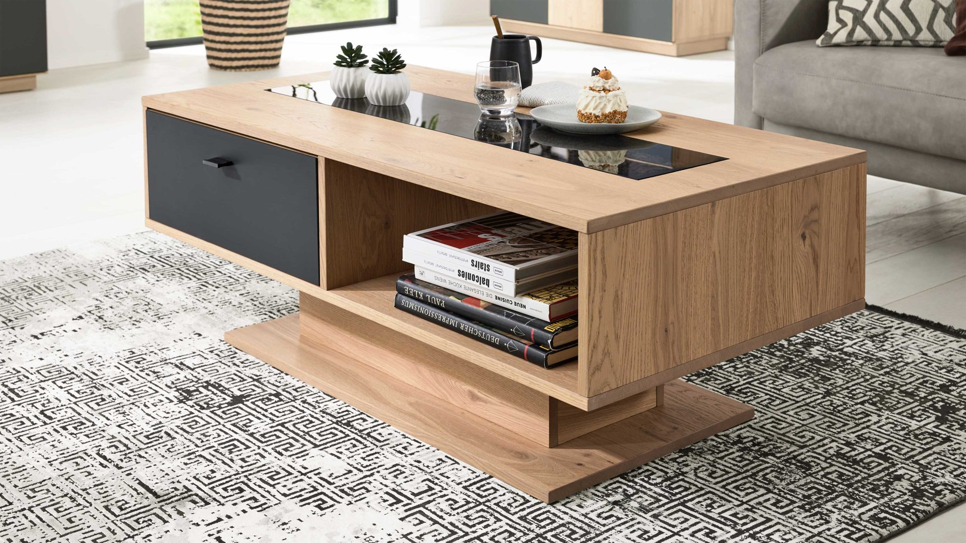 Couchtisch Interliving aus Holz in Holzfarben Interliving Wohnzimmer Serie 2025 - Couchtisch 02 Wildeiche, Anthrazit & Kork - ca. 115 x 65 cm