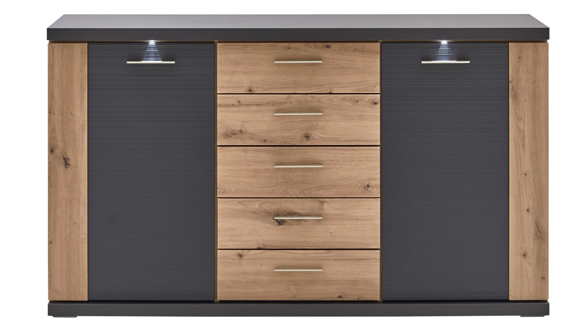Sideboard Ideal möbel aus Holz in Dunkelgrau Sideboard Manhattan Grau & Eiche Artisan – zwei  Türen, fünf Schubladen