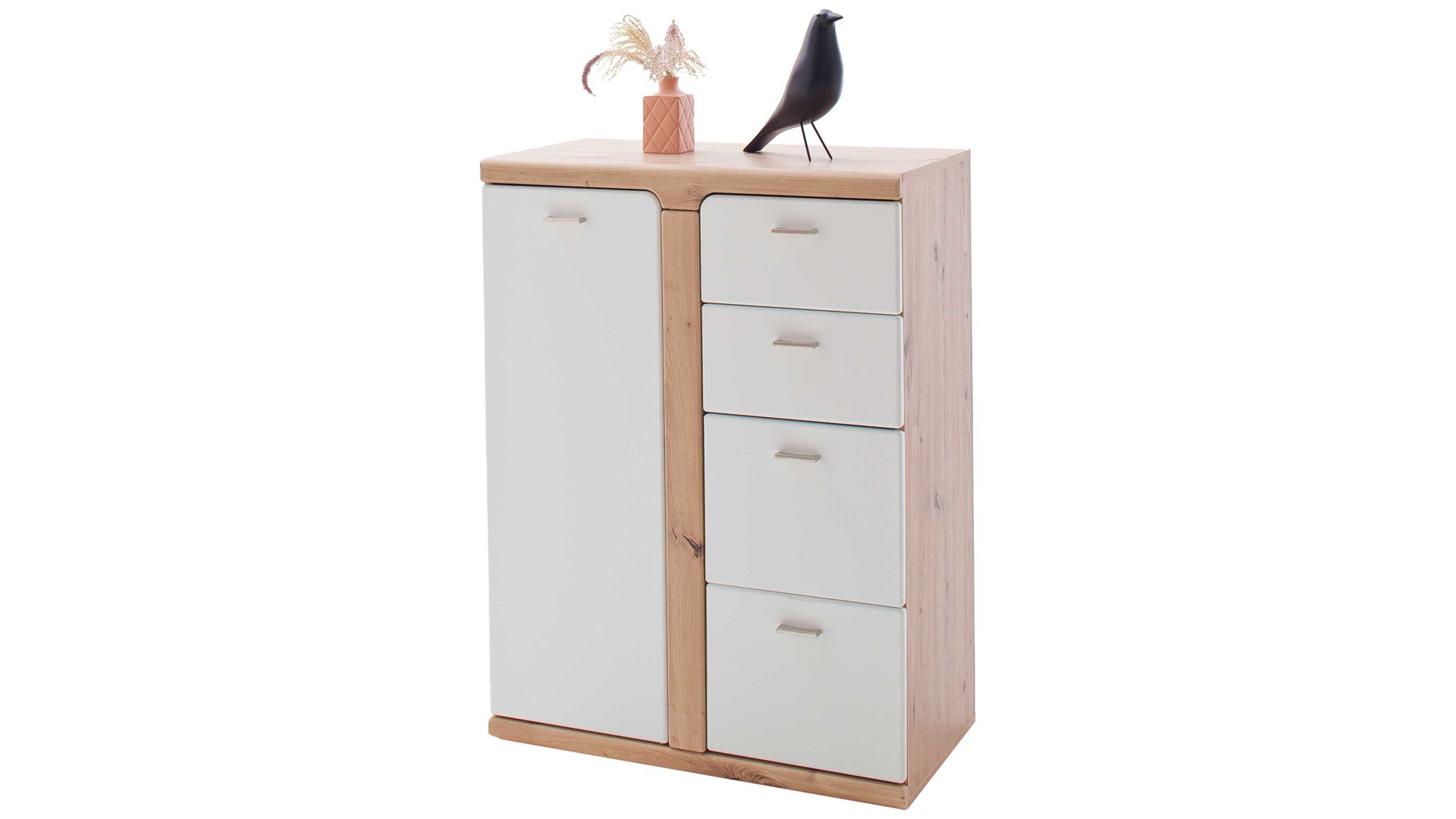 Kombikommode Mca furniture aus Holz in Weiß Garderoben-Kombikommode Torino Weiß & Balkeneiche – eine Tür, vier Schubladen