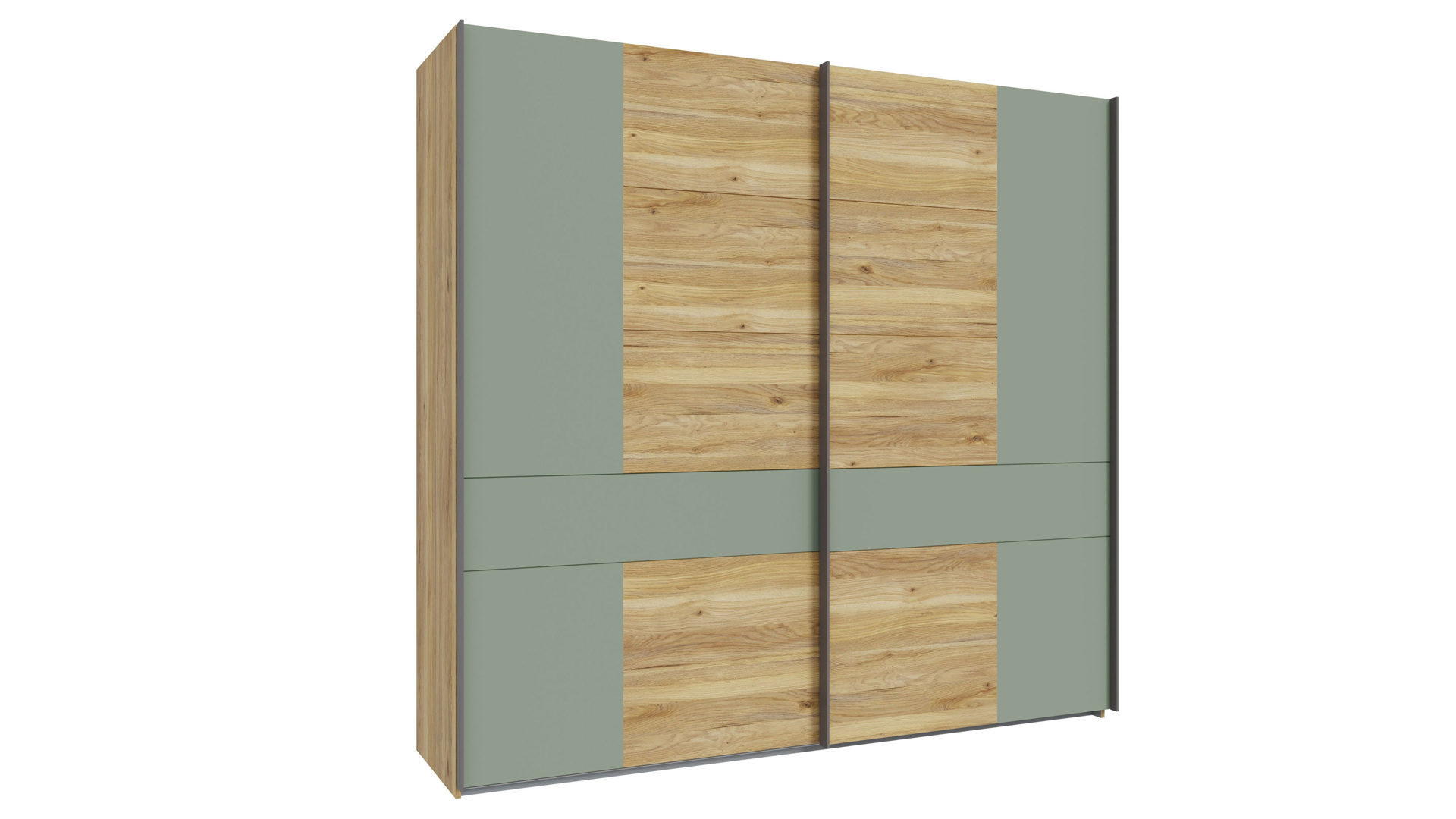 Kleiderschrank Forte aus Holz in Grün Schlafzimmerprogramm Whenua Sleeping - Schwebetürenschrank Salbei Grün & Mauvella Eiche – ca. 270 x 211 cm