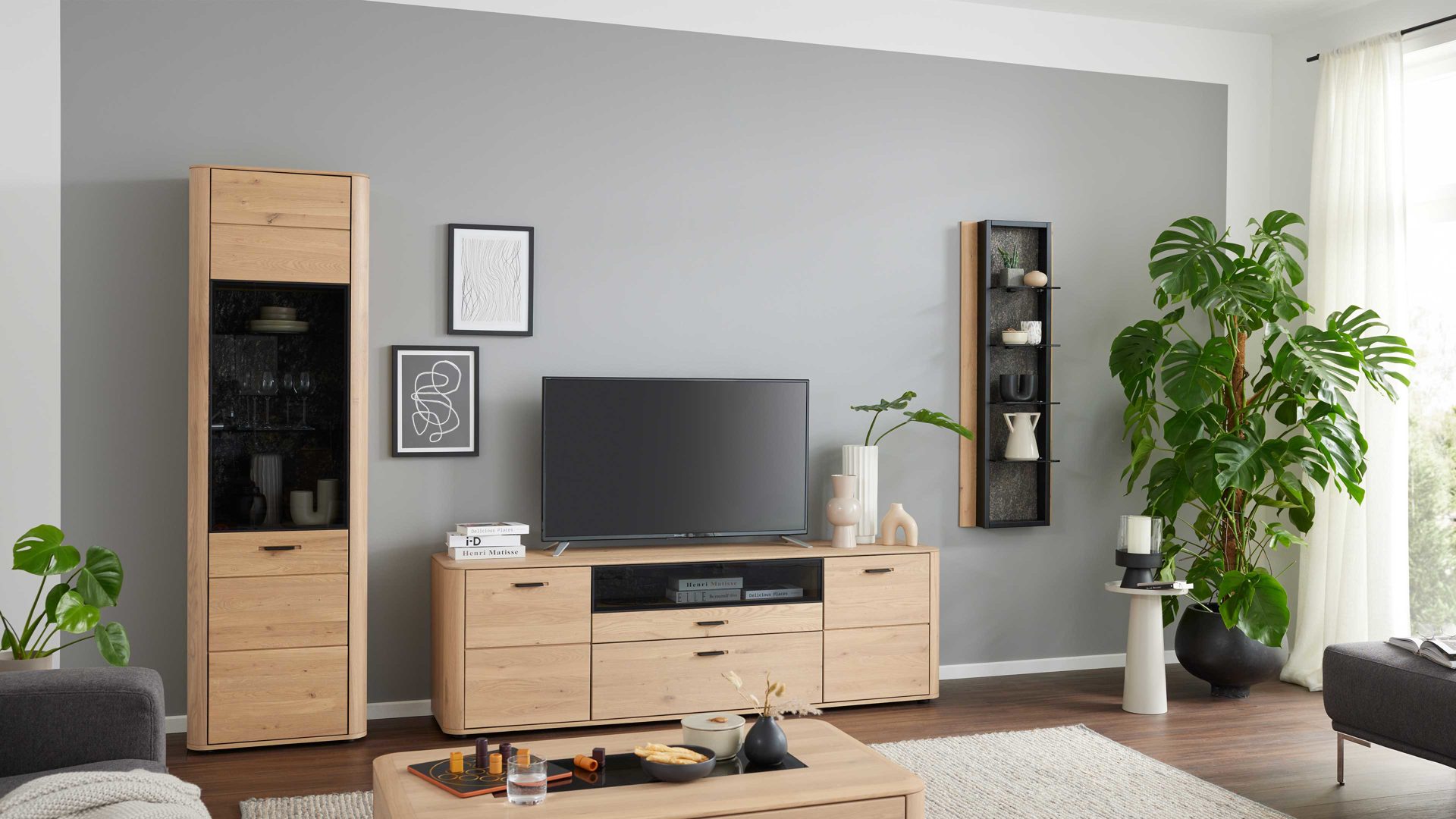 Wohnwand Interliving aus Holz in Holzfarben Interliving Wohnzimmer Serie 2029 - Wohnwand Wildeiche & Granit-Steinoptik - dreiteilig, Breite ca. 336 cm