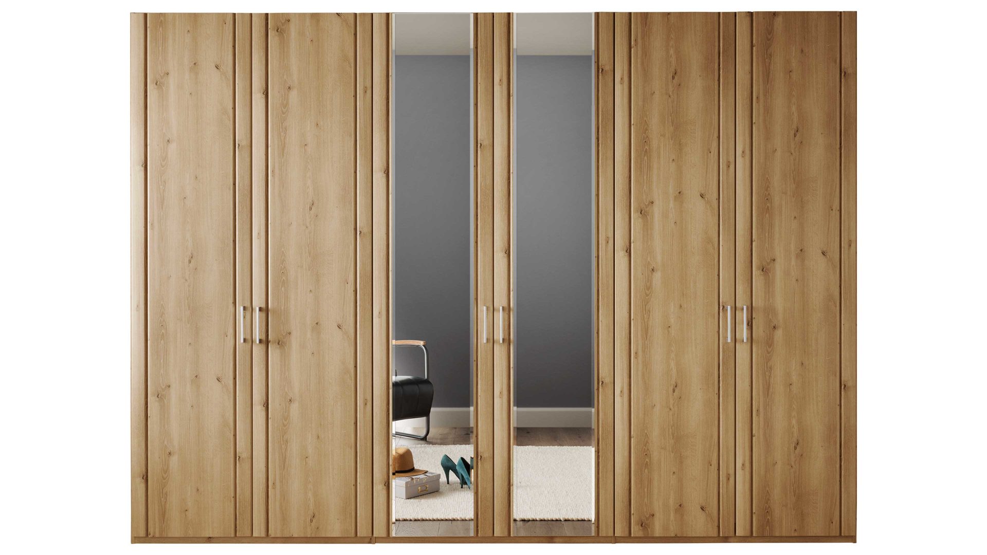 Kleiderschrank Wiemann | oeseder aus Holz in Holzfarben WIEMANN Schlafzimmerserie Mainau - Kleiderschrank Bianco Eiche & Spiegel - sechs Türen, Breite ca. 300 cm