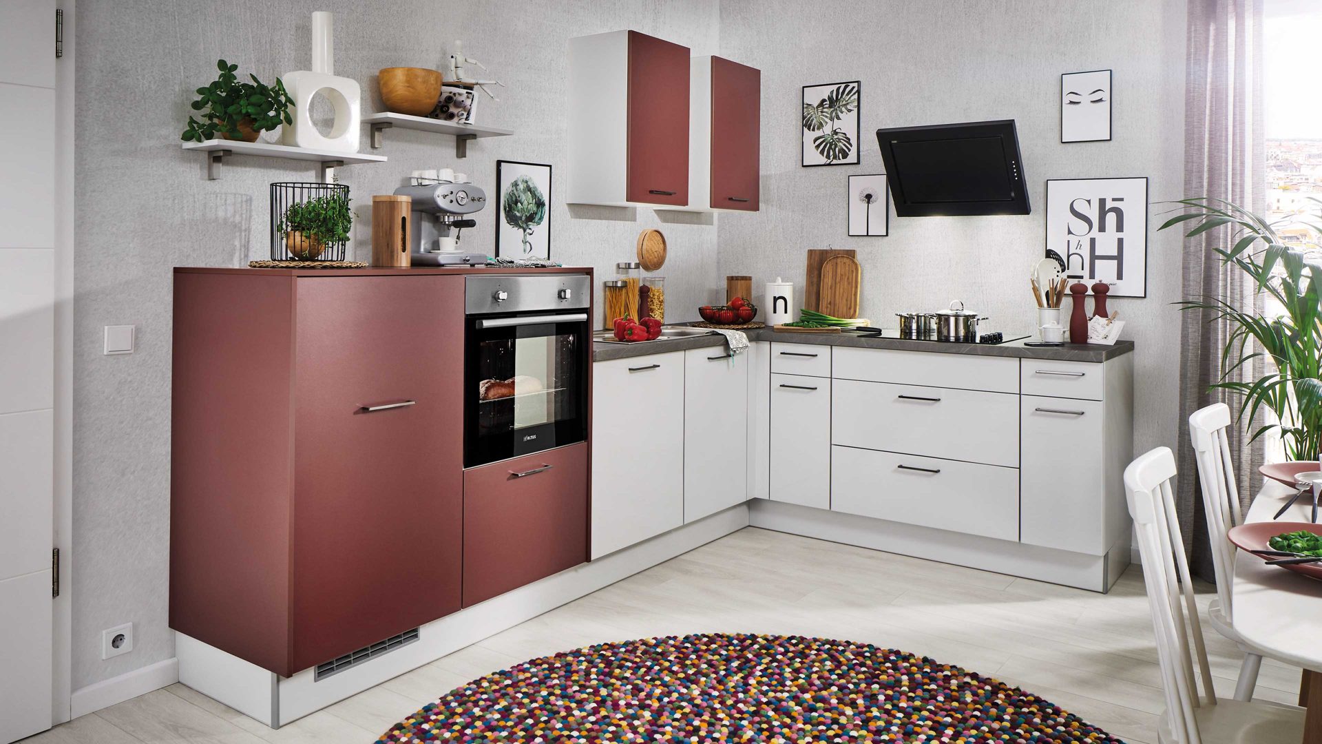 Einbauküche Pino küchen aus Holz in Dunkelrot pino Einbauküche inklusive Einbaugeräte Rubinrot & Alpinweiß - Stellfläche ca. 298 x 205 cm