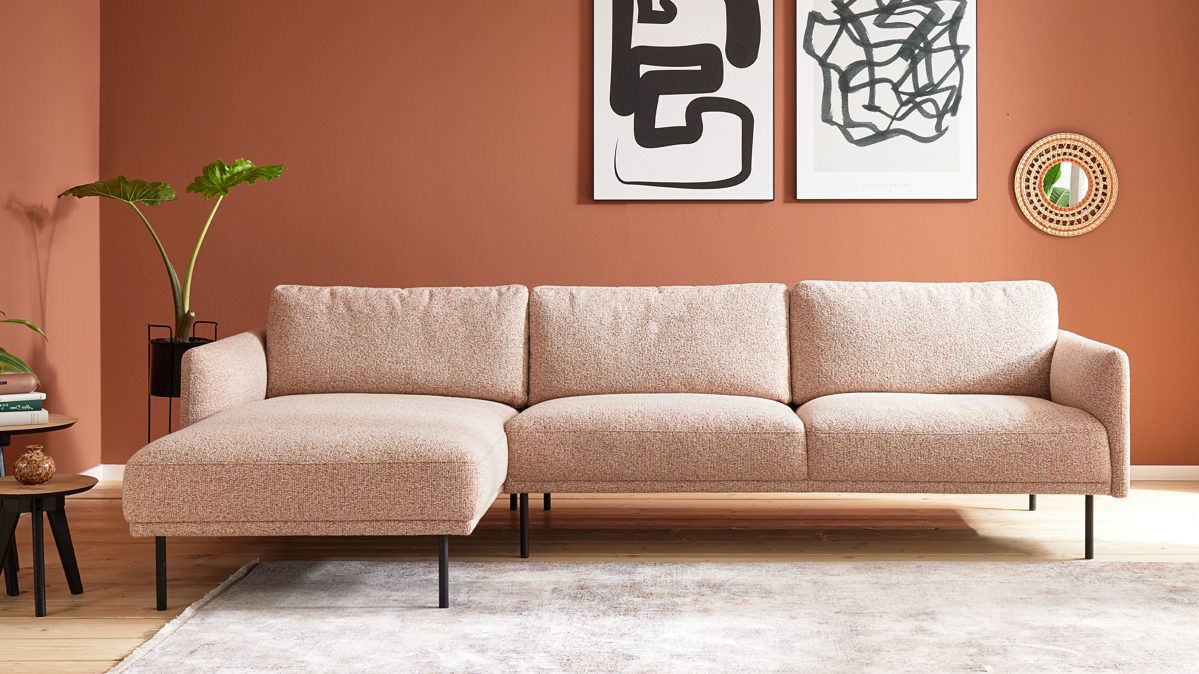 Ecksofa Roomio® aus Stoff in Rosa Roomio® No. 4104 - Ecksofa rostfarben melierter Bezug Donna & Metallfüße 1116 MFSM - Stellfläche ca.  154 x 279 cm