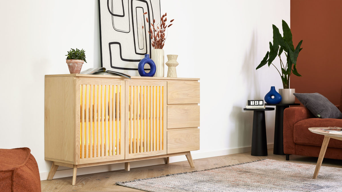 Sideboard Roomio® aus Holz in Holzfarben Roomio No. 2000 - Sideboard mit Beleuchtung weiß gewaschene Esche - zwei Türen, drei Schubladen, Länge ca. 135 cm