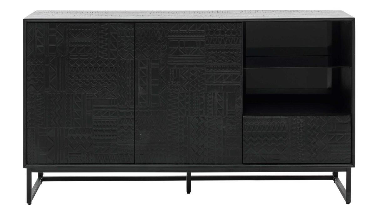 Vitrine Roomio® aus Holz in Schwarz Roomio No. 2001 - Sideboard schwarzes Mangoholz - zwei Türen, eine Schublade, Länge ca. 140 cm