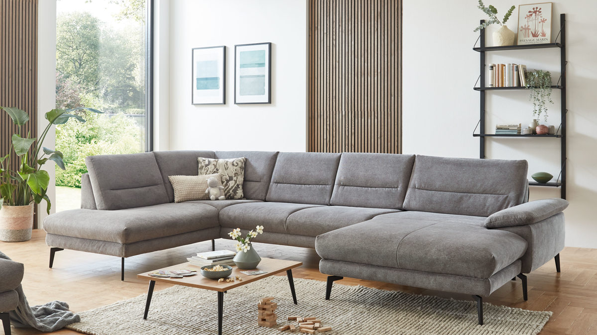 Ecksofa modulmaster aus Stoff in Grau Modulmaster Serie MM-ZE1190 - Wohnlandschaft graues Flachgewebe Cyber & schwarze Metallfüße – Stellfläche ca. 208 x 345 cm