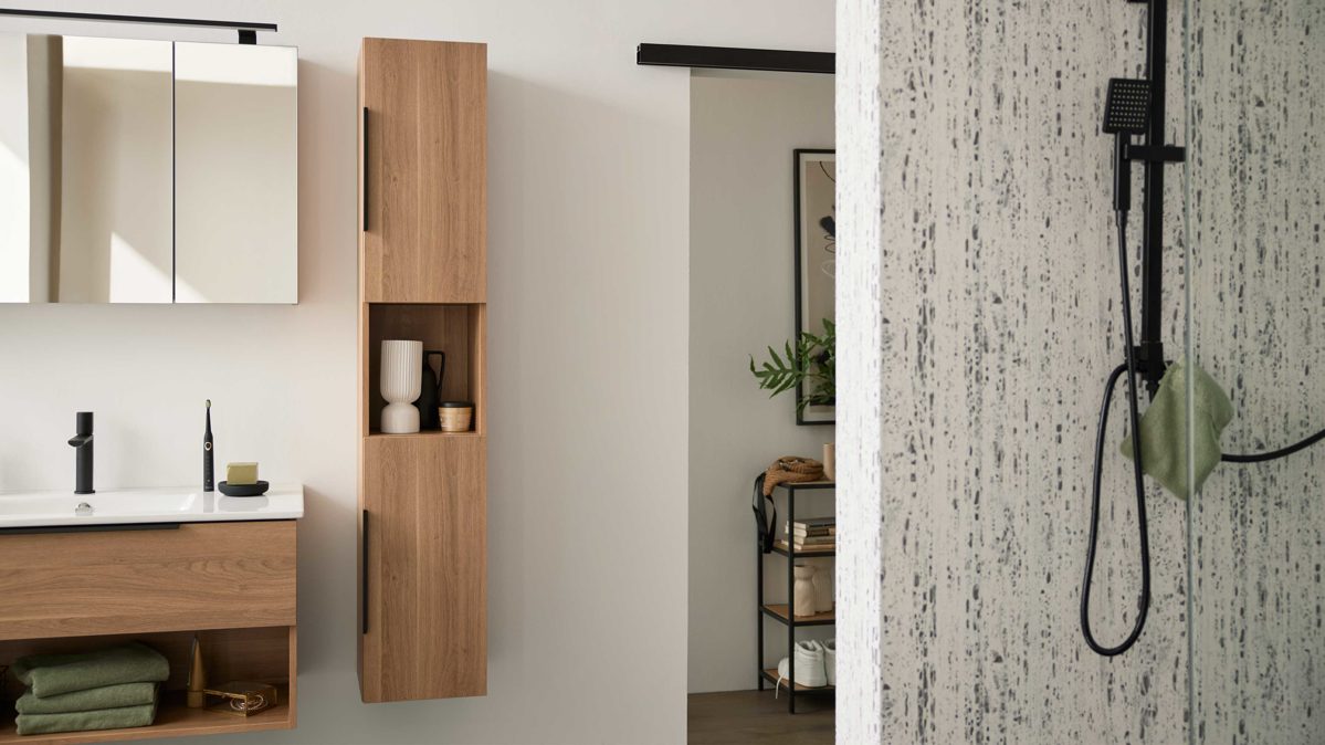 Midischrank Interliving aus Holz in Holzfarben Interliving Bad Serie 3702 - Hochschrank 7751 braune Cuneo Eiche - zwei Türen, Höhe ca. 160 cm