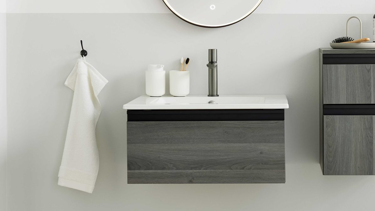 Waschbeckenunterschrank Interliving aus Holz in Grau Interliving Bad Serie 3702 - Waschtischunterschrank 7698 graue Cuneo Eiche - eine Schublade, Breite ca. 60 cm