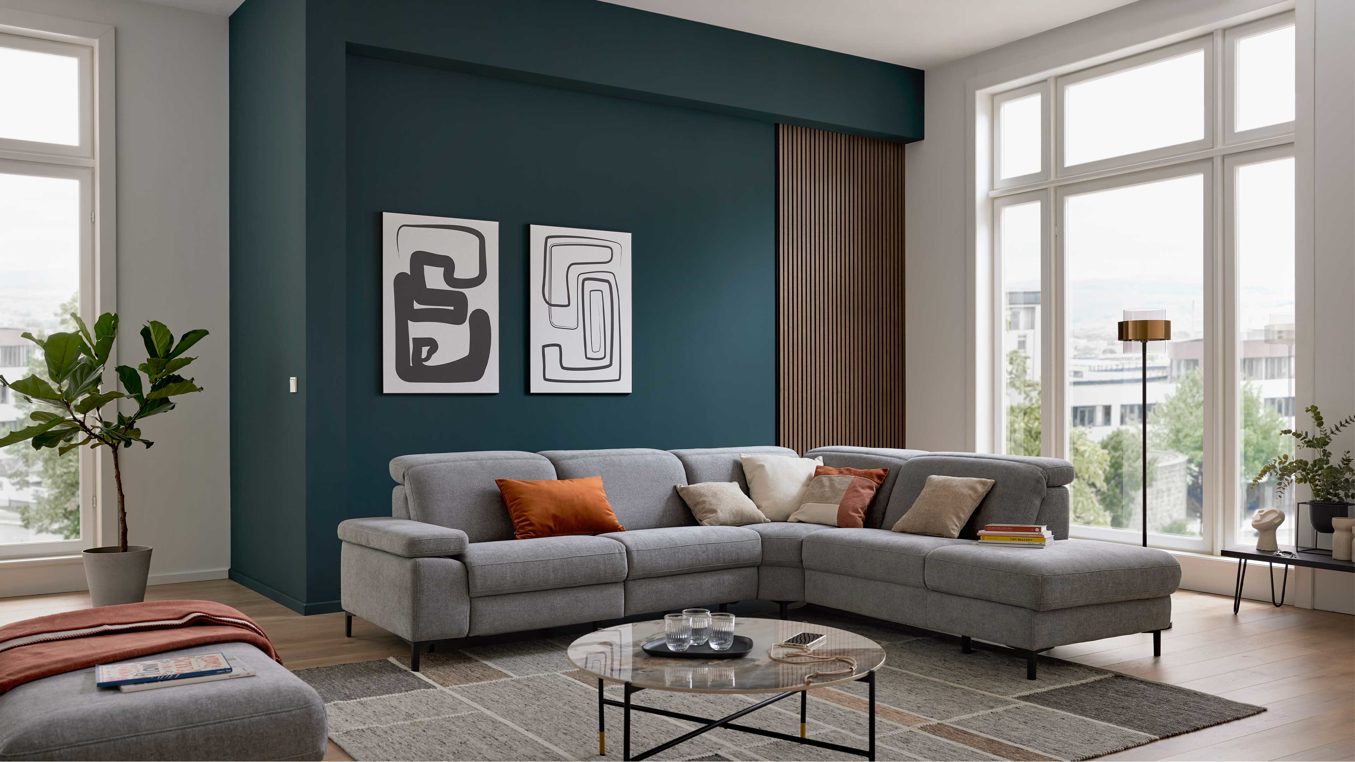 Ecksofa Interliving aus Stoff in Grau Interliving Sofa Serie 4064 - Ecksofa graue Chenille Toni & Fuß W003-01 - Stellfläche ca. 291 x 252 cm