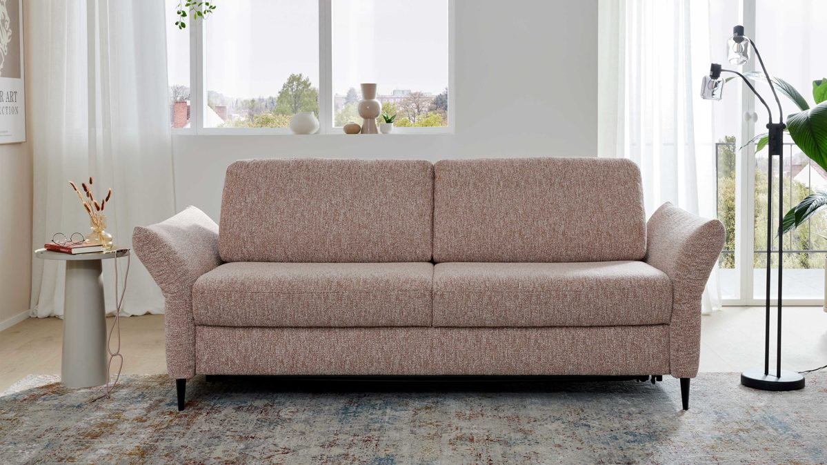 Schlafsofa Interliving aus Stoff in Rosa Interliving Schlafsofa Serie 4700 - Schlafsofa 160LÄ sienafarbener Webstoff Loft & schwarze Aluminiumfüße - Breite ca. 228 cm