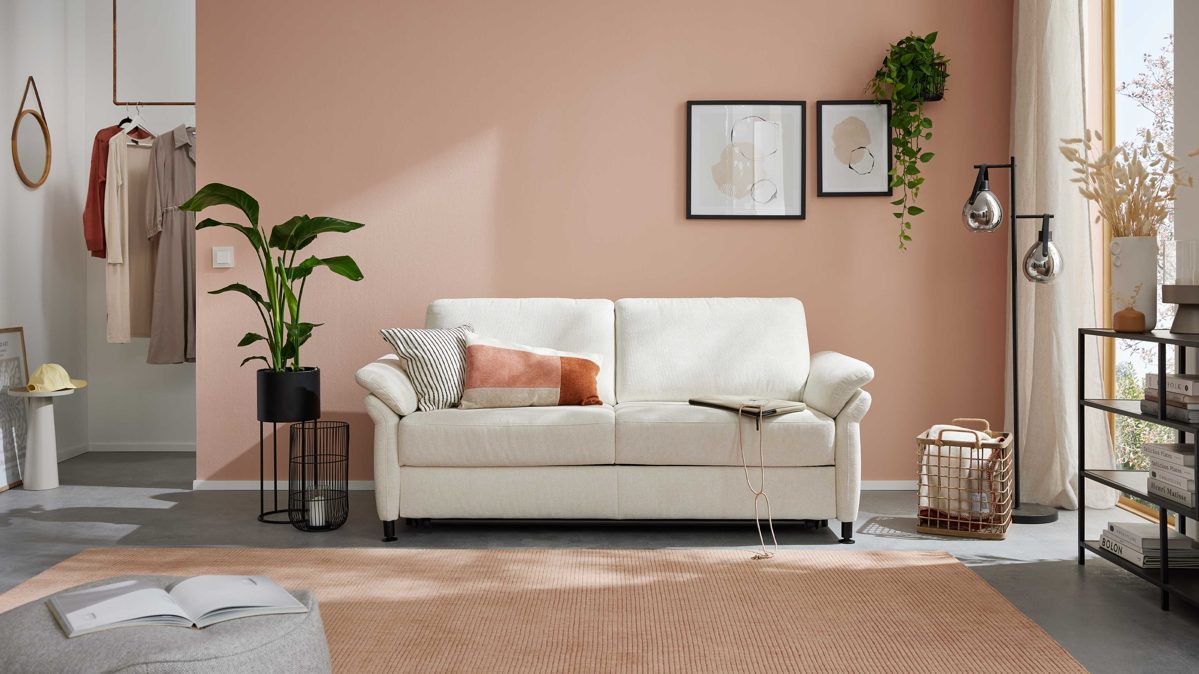 Schlafsofa Interliving aus Stoff in Weiß Interliving Schlafsofa Serie 4700 - Schlafsofa 160LÄ naturweißes Flachgewebe Cyber & schwarze Aluminiumfüße - Breite ca. 228 cm