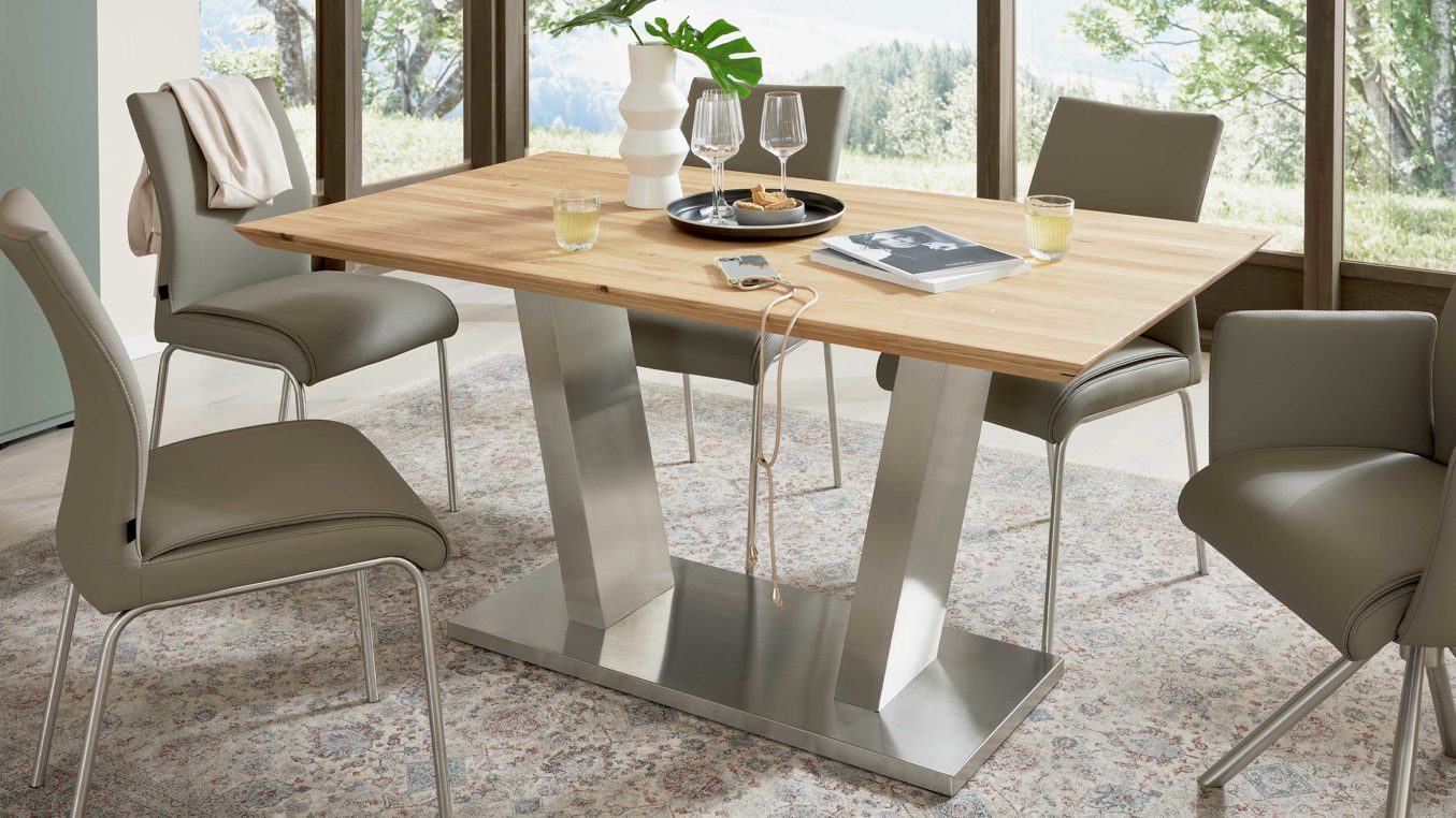 Esstisch Interliving aus Holz in Holzfarben Interliving Esszimmer Serie 5122 – Esstisch Wildeiche & Edelstahl - ca. 160 x 90 cm