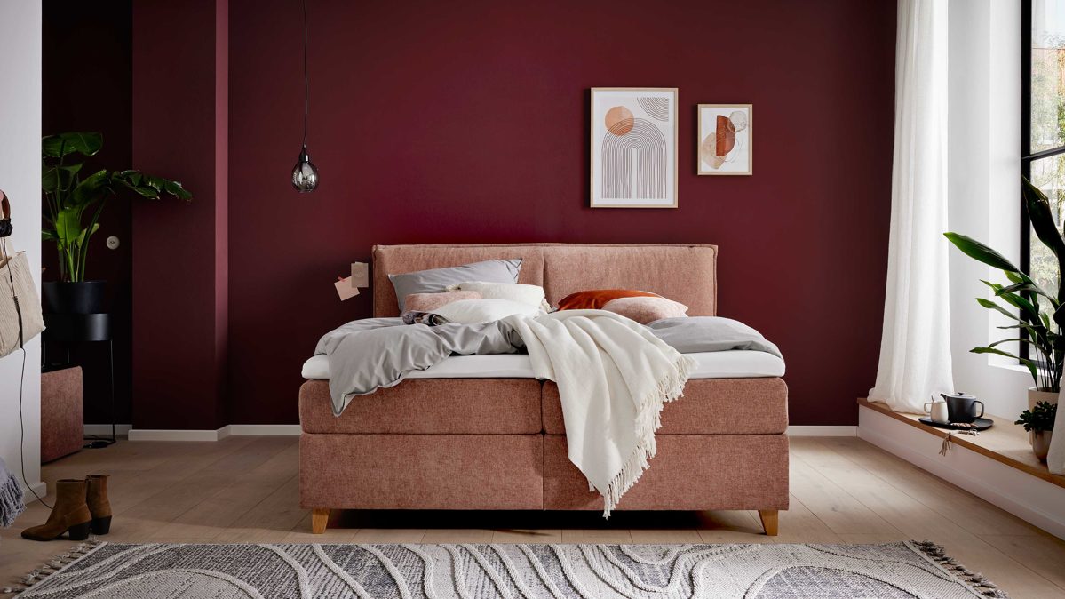 Boxspringbett Interliving aus Stoff in Rosa Interliving Boxspringbett Serie 1420 sienfarbene Chenille Toni & Wildeichefüße - Liegefläche ca. 180 x 200 cm