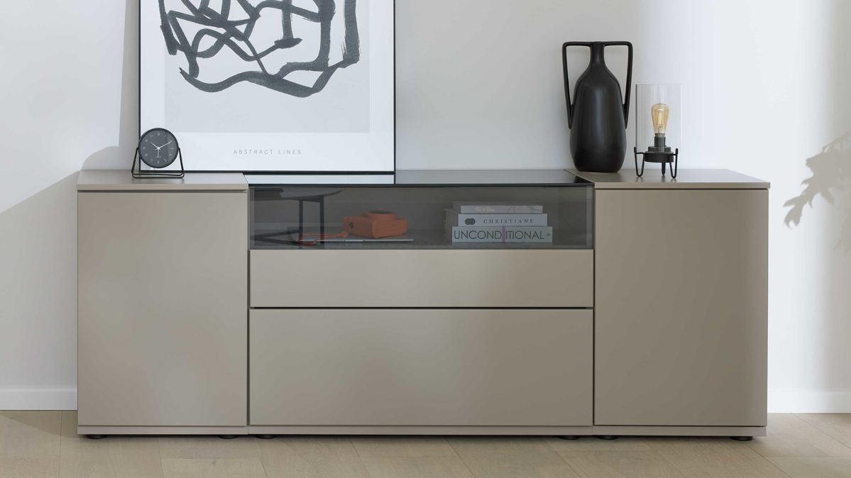 Sideboard Interliving aus Holz in Grau Interliving Wohnzimmer Serie 2031 - Sideboard CK18060 Grau & Risseiche - zwei Türen, zwei Schubladen, Breite ca. 180 cm
