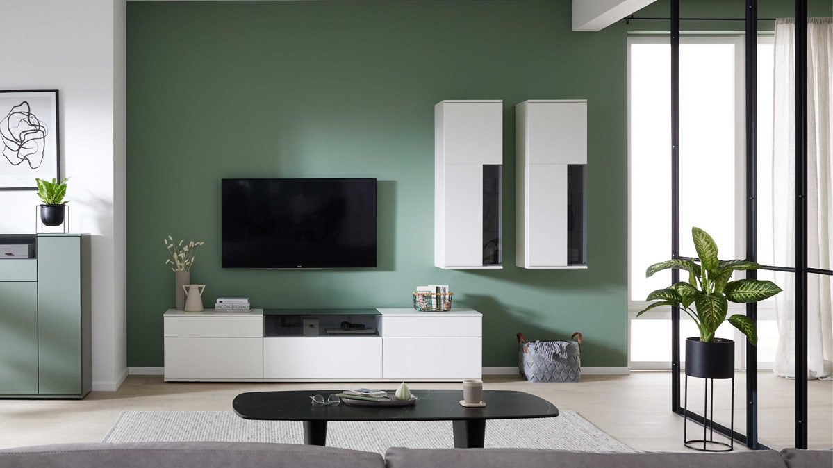 Wohnwand Interliving aus Holz in Weiß Interliving Wohnzimmer Serie 2031 - Wohnlösung EB27001 Tonweiß & graues Glas - Länge ca. 270 cm