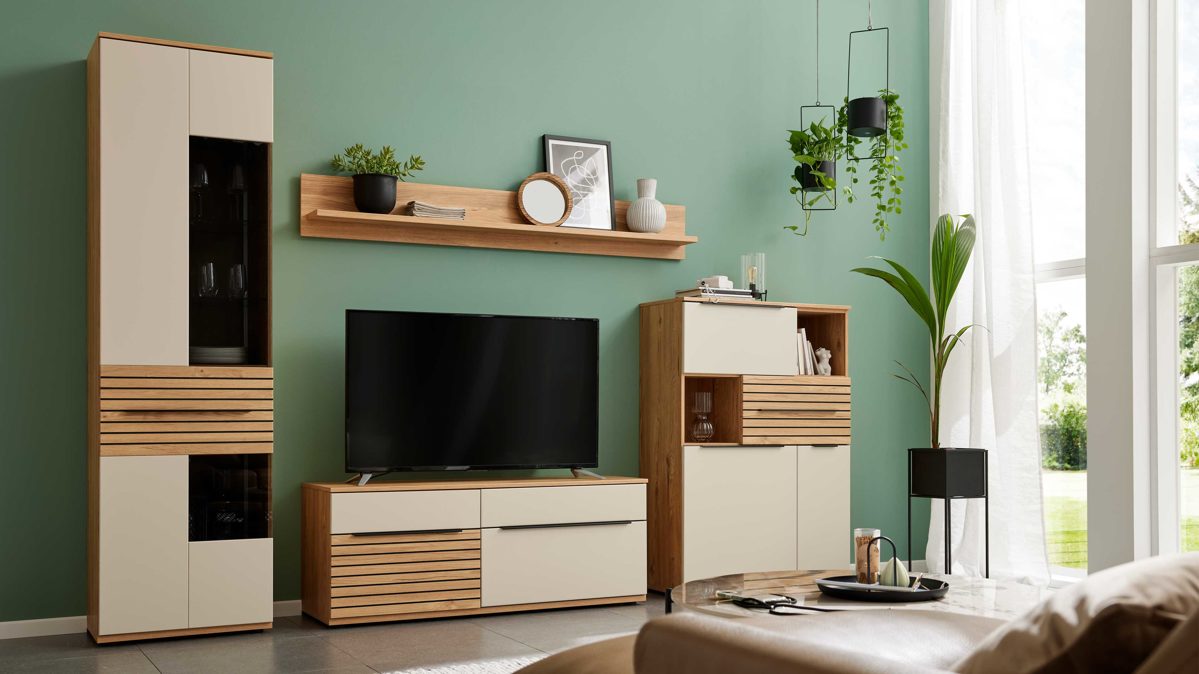 Wohnwand Interliving aus Holz in Beige Interliving Wohnzimmer Serie 2032 - Wohnwand EB31501 Sandbeige & Risseiche - Länge ca. 315 cm