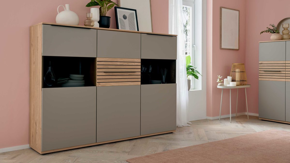 Highboard Interliving aus Holz in Grau Interliving Wohnzimmer Serie 2032 - Highboard B18070 Grau & Risseiche - drei Türen, Breite ca. 180 cm