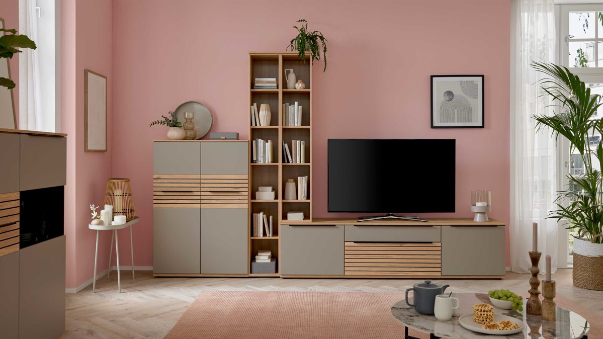 Wohnwand Interliving aus Holz in Grau Interliving Wohnzimmer Serie 2032 - Wohnwand EB31503 Grau & Risseiche - Länge ca. 315 cm