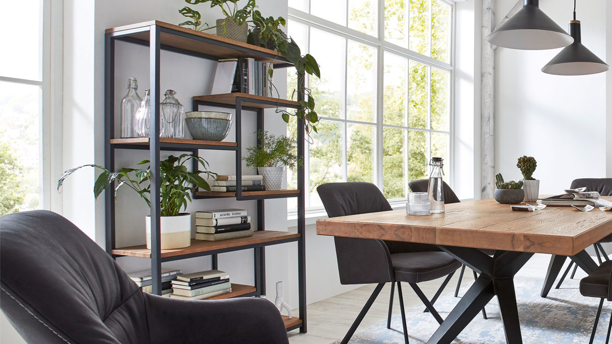 Regal WOODS & TRENDS aus Holz in Holzfarben WOODS & TRENDS Vintage-Dining - Regal Balkeneiche & geschwärztes Roheisen – Höhe ca. 183 cm