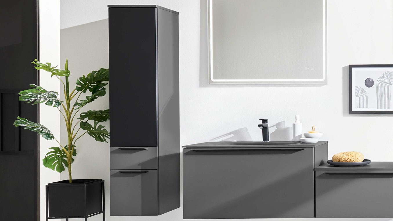 Midischrank Interliving aus Holz in Grau Interliving Bad Serie 7317 - Midi-Hängeschrank Schiefergrau - Höhe ca. 130 cm