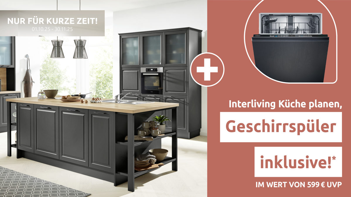 Einbauküche Interliving aus Holz in Dunkelgrau Interliving Küche Serie 3044 mit Miele Einbaugeräten Graphit & Kernbuche – zweizeilig