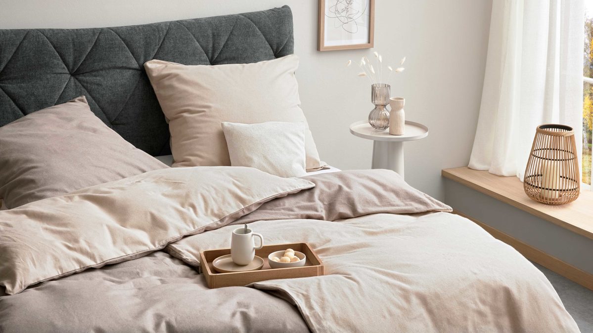 Bettwäsche-Set Interliving aus Stoff in Beige Interliving Bettwäsche Serie 9118 - Biberbettwäsche mit zwei Kopfkissenbezügen Creme & Cappuccino - ca. 220 x 240 cm