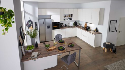 Einbauküche Interliving aus Holz in Weiß Interliving Küche Serie 3090 mit gorenje-Einbaugeräten Magnolia – zweizeilig