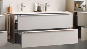 Waschtisch-Set / Waschbecken-Set Interliving aus Holz in Beige Interliving Bad Serie 3710 - Waschplatzlösung mit Doppelwaschbecken Macchiato & Weiß - Länge ca. 120 cm